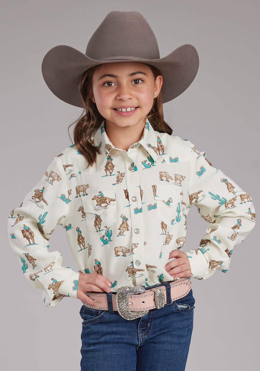 GIRLS ROPERS PRINTED RAYON LONG SLEEVE SNAP WESTERN SHIRT