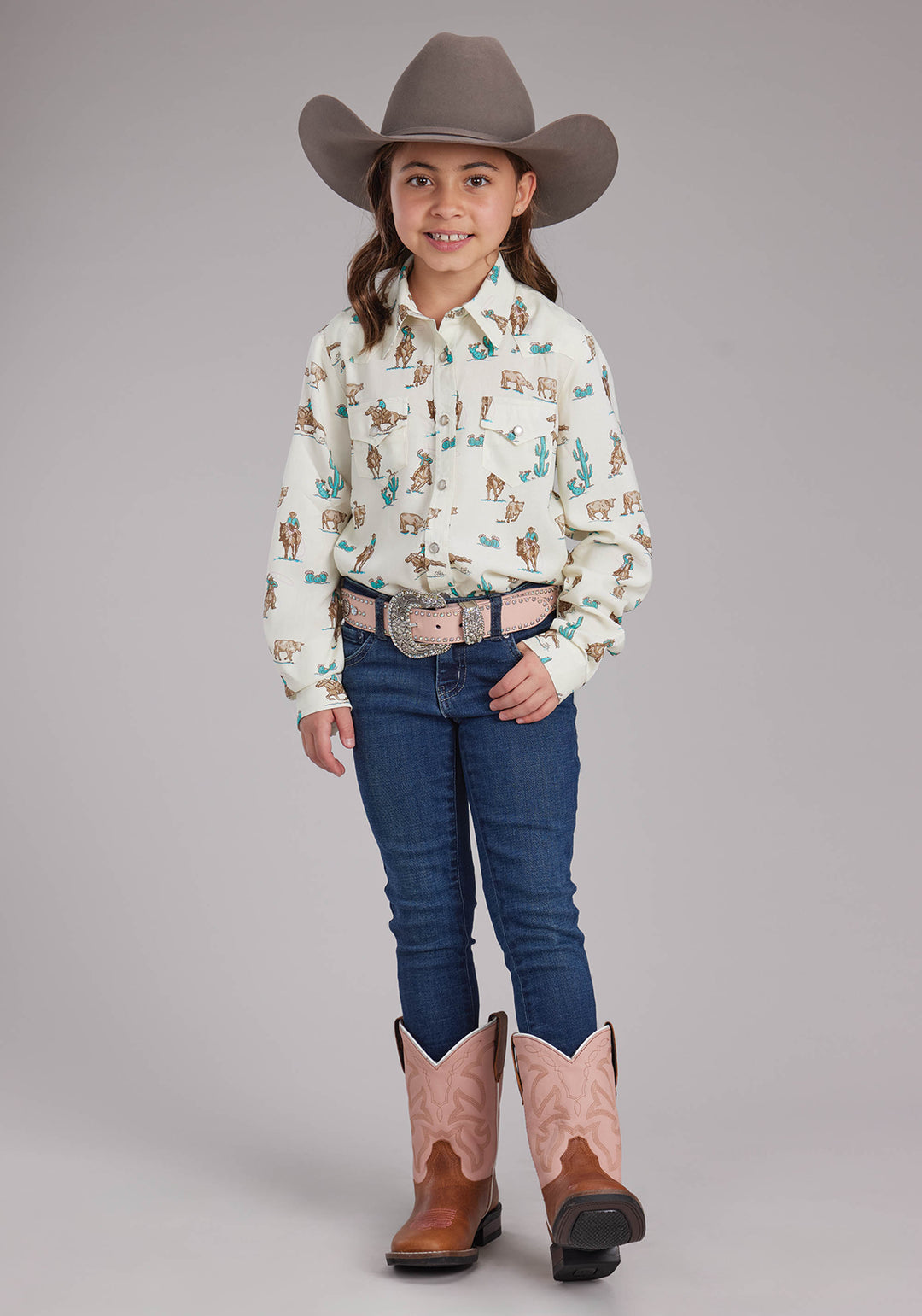 GIRLS ROPERS PRINTED RAYON LONG SLEEVE SNAP WESTERN SHIRT