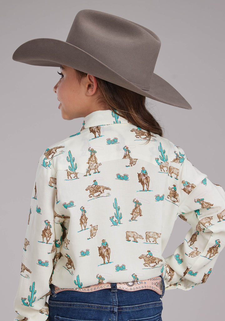 GIRLS ROPERS PRINTED RAYON LONG SLEEVE SNAP WESTERN SHIRT