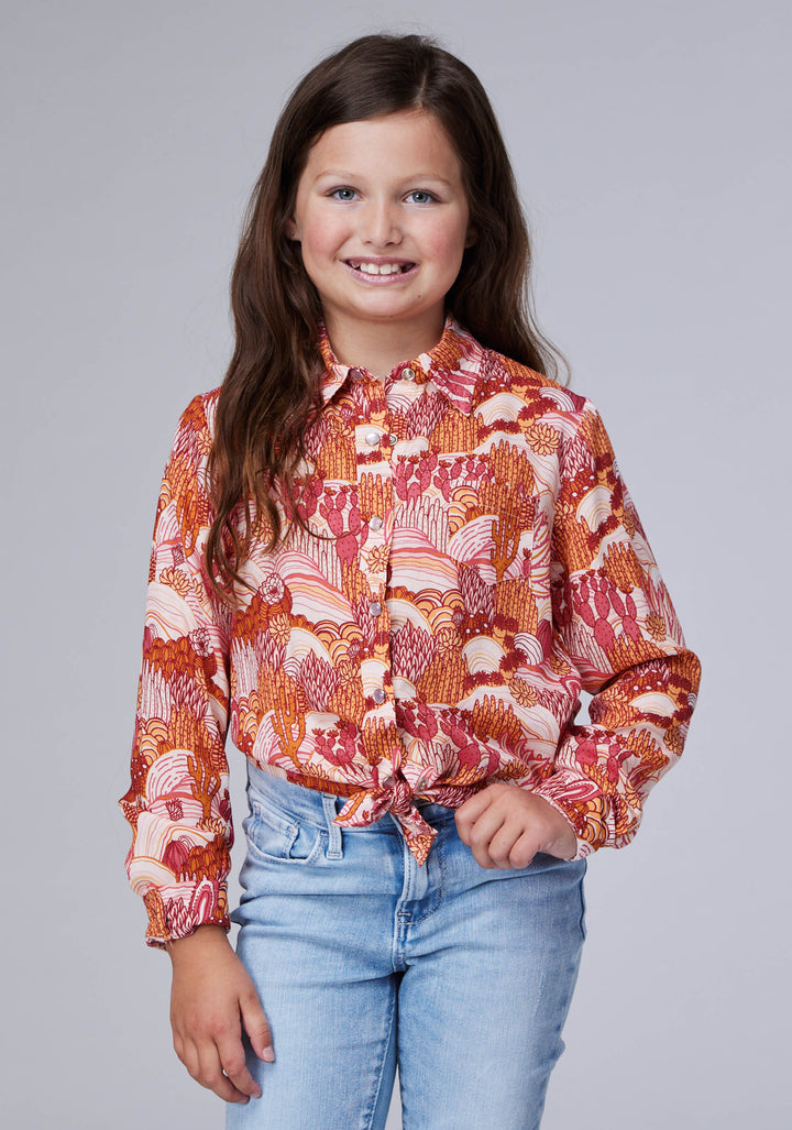 GIRLS LONG SLEEVE SNAP GROOVY CACTI PRINTED RAYON BLOUSE WITH 1 POINT FRONT AND BACK YOKES