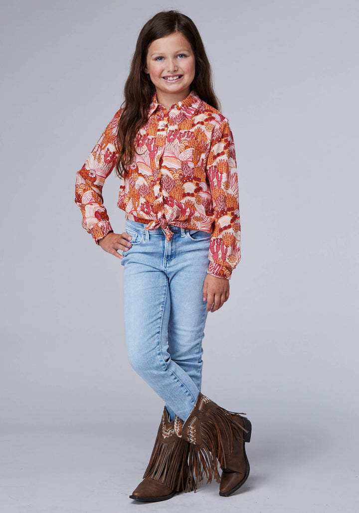 GIRLS LONG SLEEVE SNAP GROOVY CACTI PRINTED RAYON BLOUSE WITH 1 POINT FRONT AND BACK YOKES