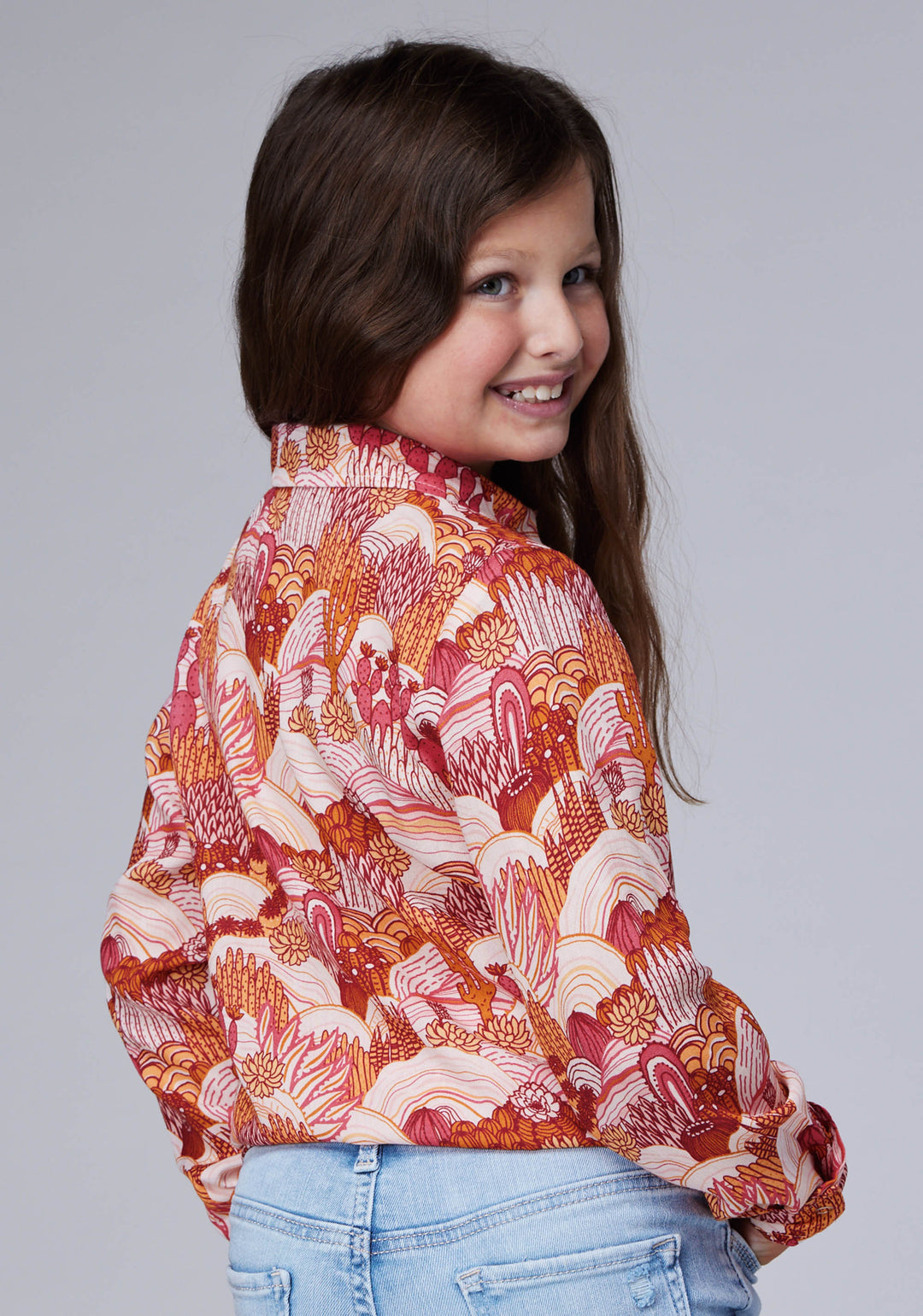 GIRLS LONG SLEEVE SNAP GROOVY CACTI PRINTED RAYON BLOUSE WITH 1 POINT FRONT AND BACK YOKES