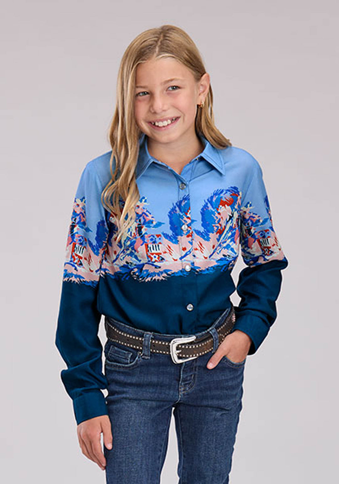 GIRLS BARREL RACER BORDER BLOUSE LONG SLEEVE SNAP WESTERN SHIRT
