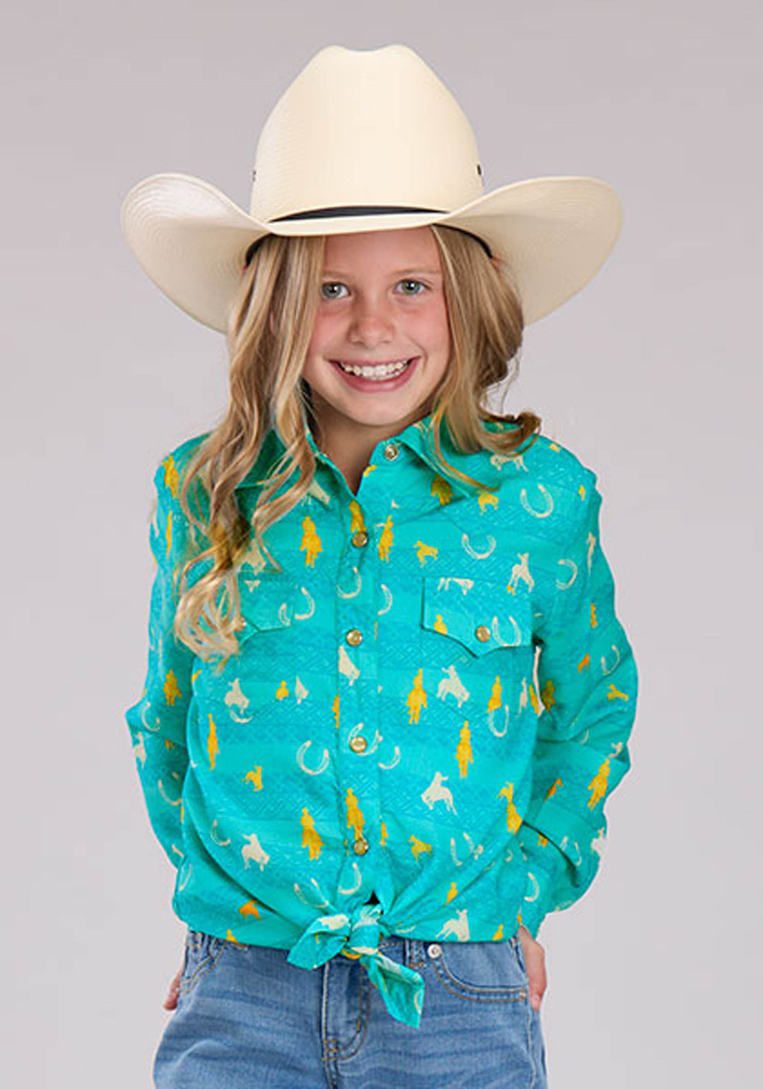 GIRLS VINTAGE AZTEC PRINT RAYON LONG SLEEVE SNAP WESTERN SHIRT