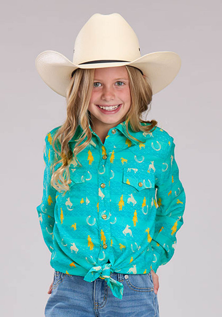 GIRLS VINTAGE AZTEC PRINT RAYON LONG SLEEVE SNAP WESTERN SHIRT