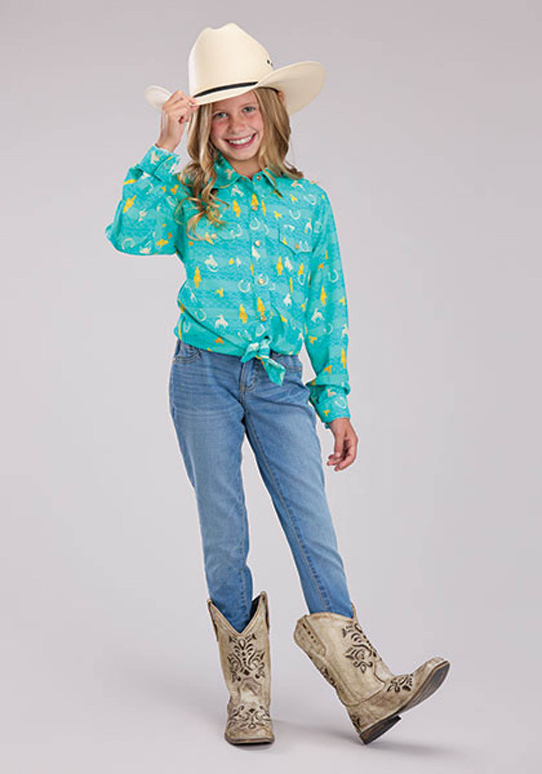 GIRLS VINTAGE AZTEC PRINT RAYON LONG SLEEVE SNAP WESTERN SHIRT