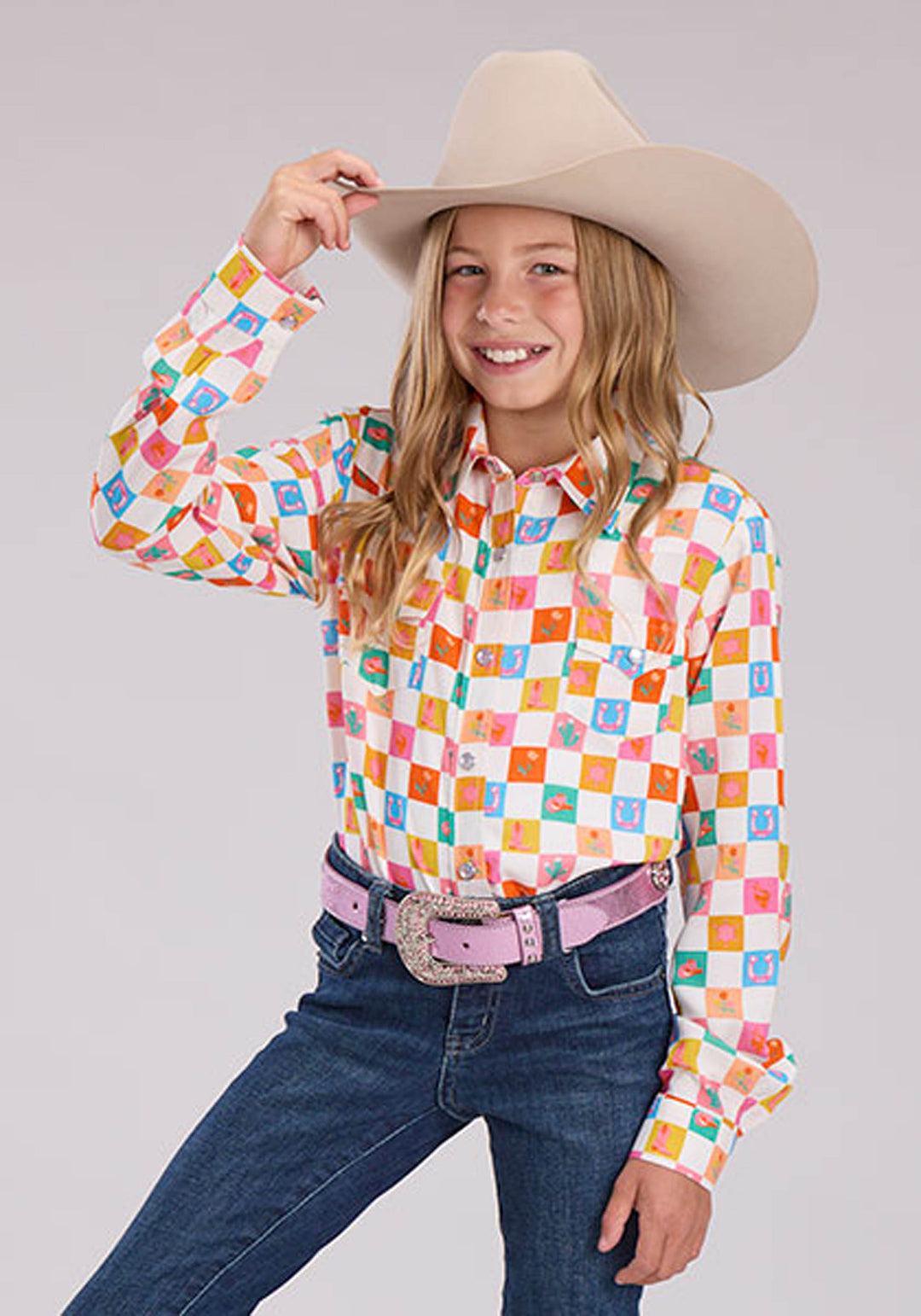 GIRLS LONG SLEEVE SNAP CHECKERS PRINT RAYON WSTN BLOUSE WESTERN SHIRT