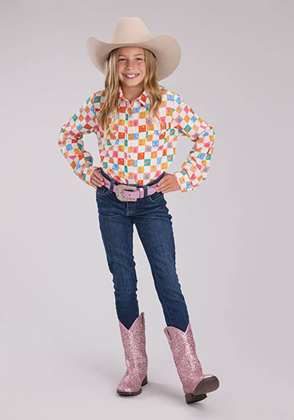 GIRLS LONG SLEEVE SNAP CHECKERS PRINT RAYON WSTN BLOUSE WESTERN SHIRT