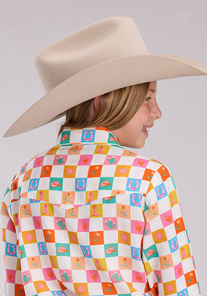 GIRLS LONG SLEEVE SNAP CHECKERS PRINT RAYON WSTN BLOUSE WESTERN SHIRT