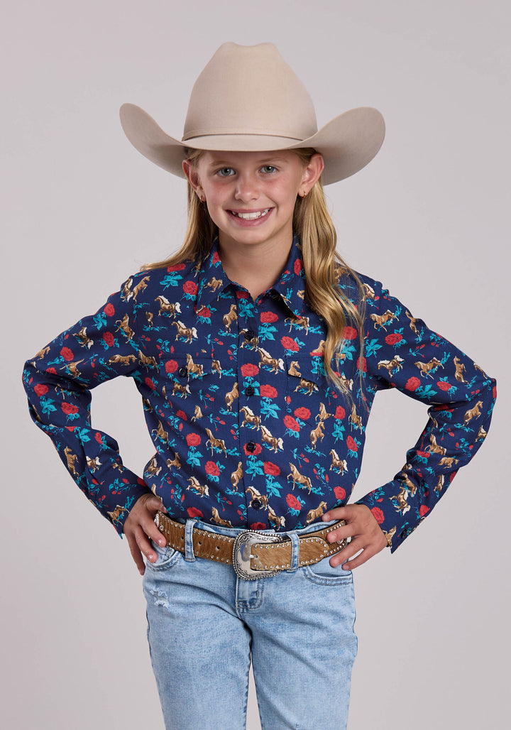 GIRLS ROPER NAVY ROSES PRINTED RAYON LONG SLEEVE SHIRT
