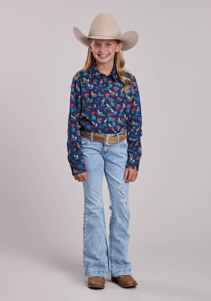 GIRLS ROPER NAVY ROSES PRINTED RAYON LONG SLEEVE SHIRT