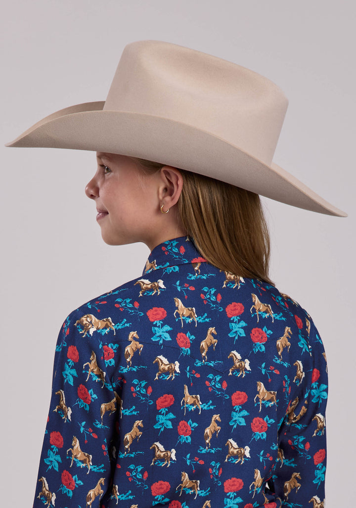 GIRLS ROPER NAVY ROSES PRINTED RAYON LONG SLEEVE SHIRT