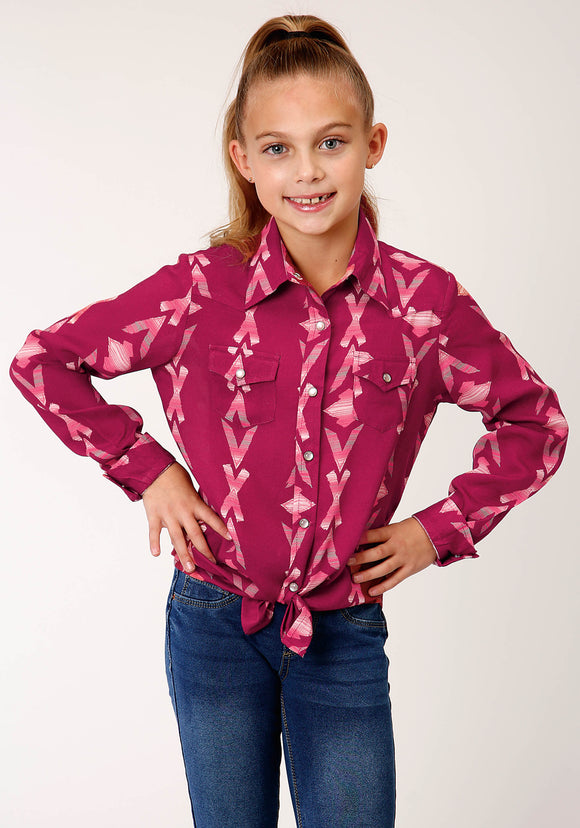 GIRLS LONG SLEEVE SNAP WINE AZTEC PRINT SHIRT