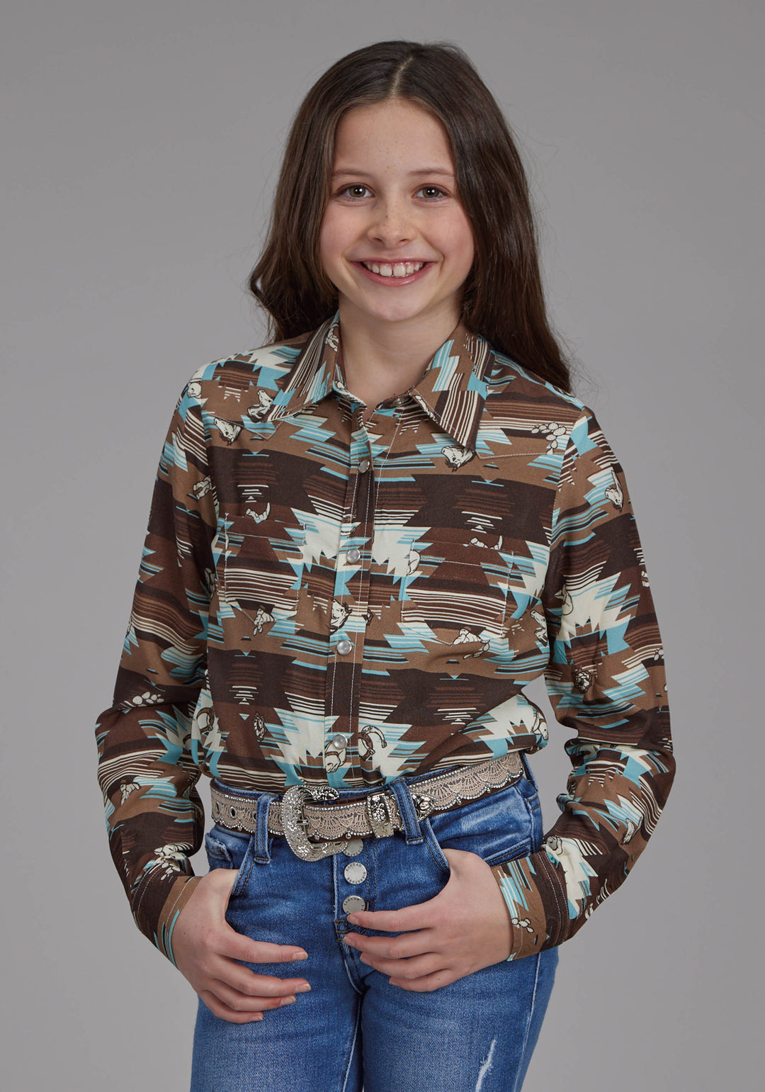 GIRLS ICON AZTEC PRINT RAYON LONG SLEEVE SNAP WESTERN SHIRT