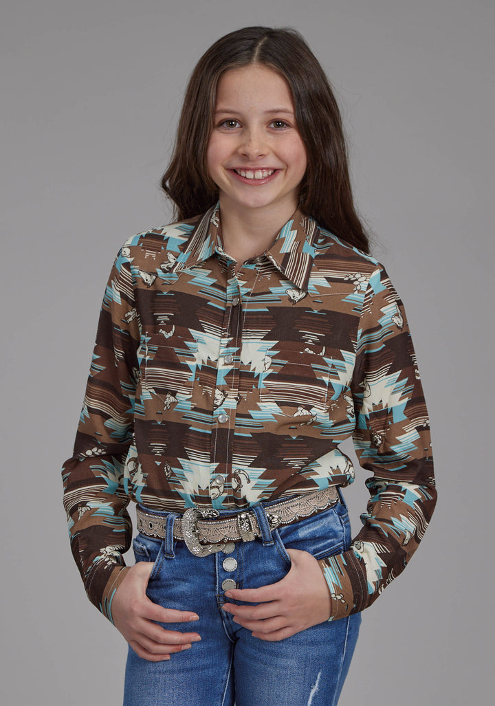 GIRLS ICON AZTEC PRINT RAYON LONG SLEEVE SNAP WESTERN SHIRT