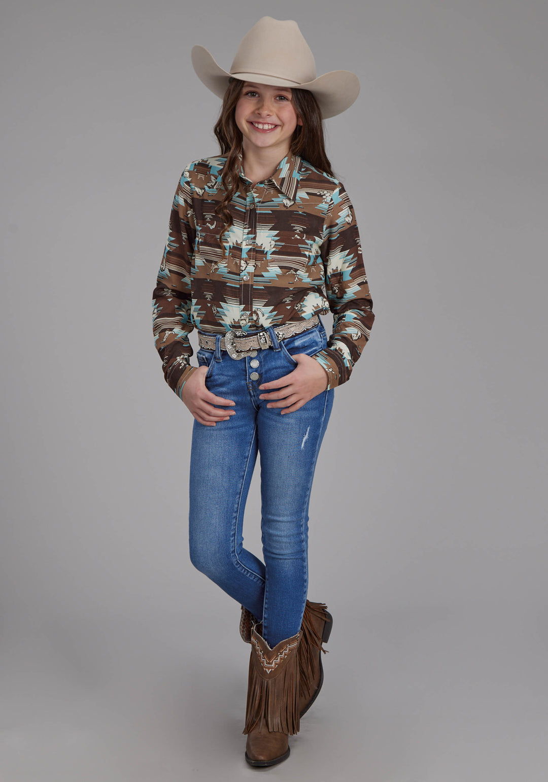 GIRLS ICON AZTEC PRINT RAYON LONG SLEEVE SNAP WESTERN SHIRT