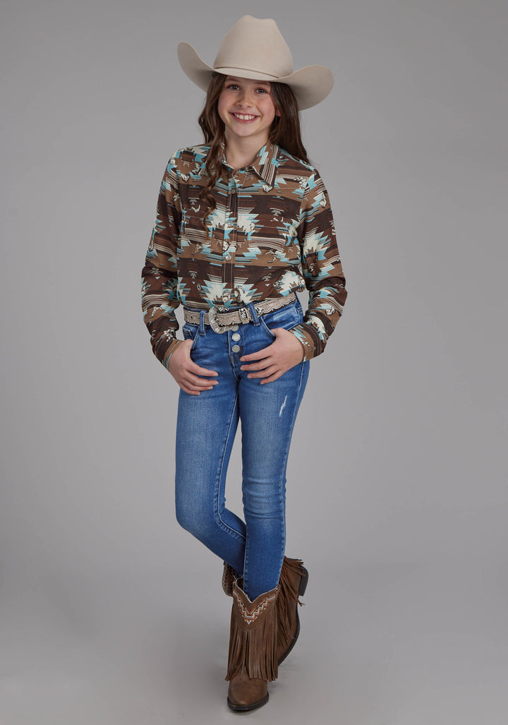 GIRLS ICON AZTEC PRINT RAYON LONG SLEEVE SNAP WESTERN SHIRT