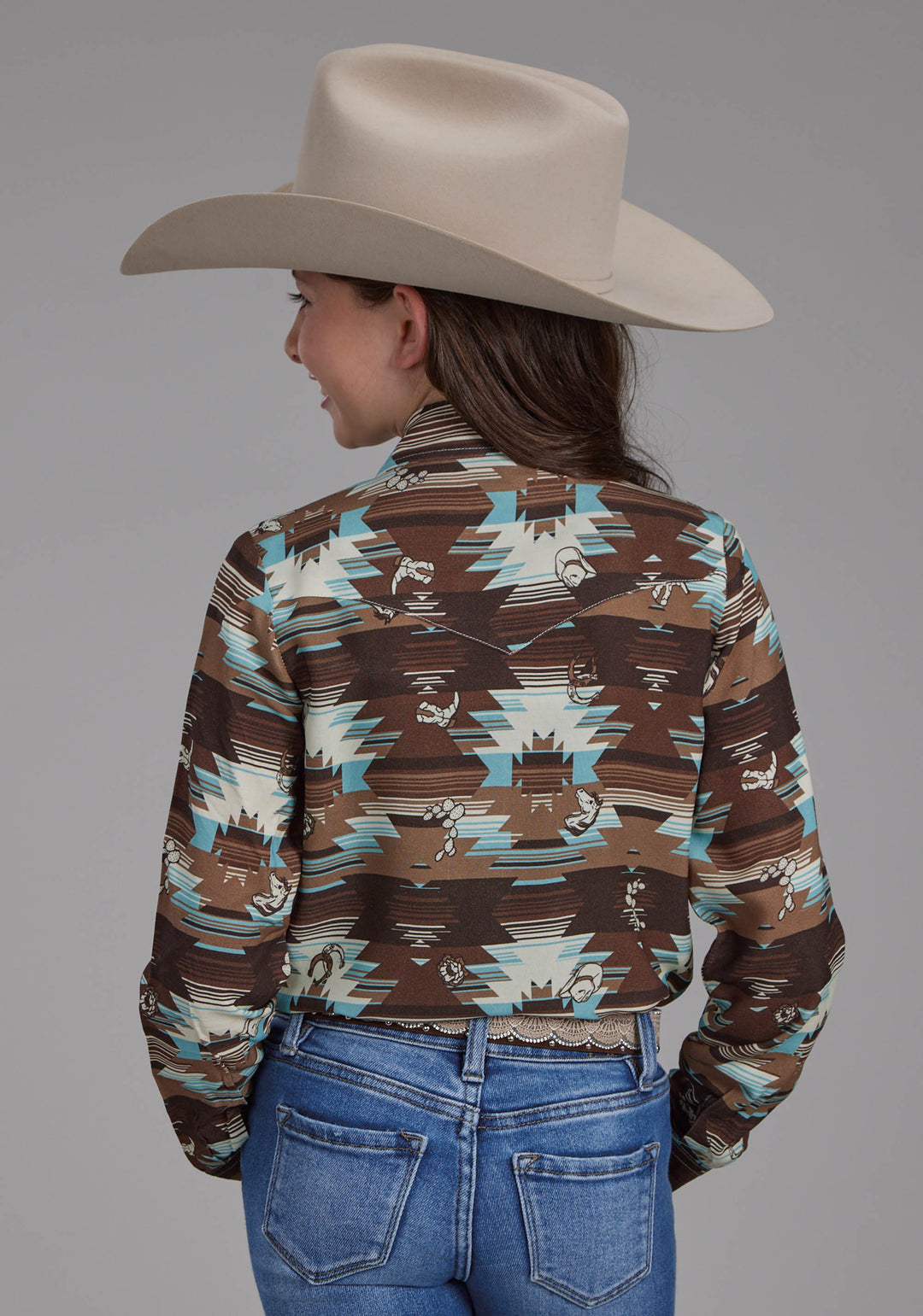 GIRLS ICON AZTEC PRINT RAYON LONG SLEEVE SNAP WESTERN SHIRT