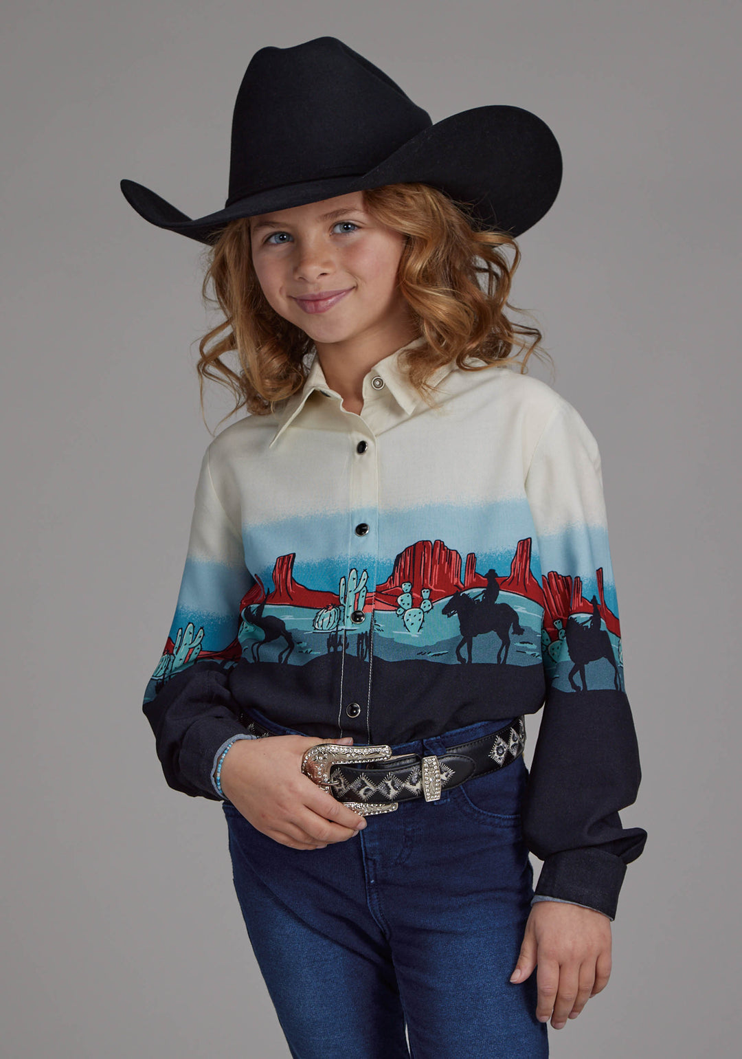 GIRLS WESTERN BORDER PRINTED RAYON LONG SLEEVE SNAP WESTERN SHIRT