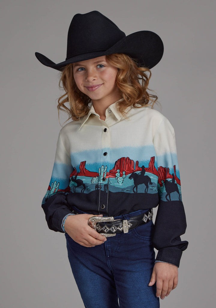 GIRLS WESTERN BORDER PRINTED RAYON LONG SLEEVE SNAP WESTERN SHIRT