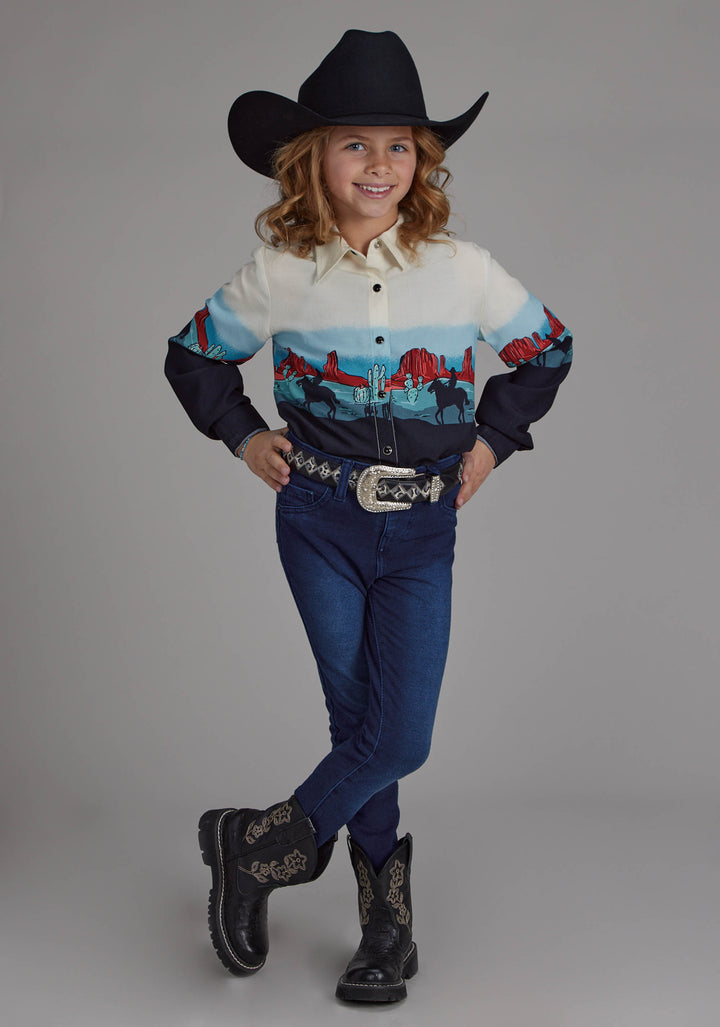 GIRLS WESTERN BORDER PRINTED RAYON LONG SLEEVE SNAP WESTERN SHIRT