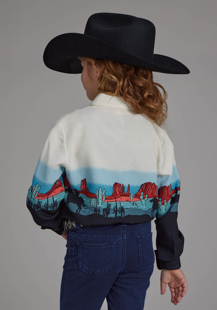 GIRLS WESTERN BORDER PRINTED RAYON LONG SLEEVE SNAP WESTERN SHIRT