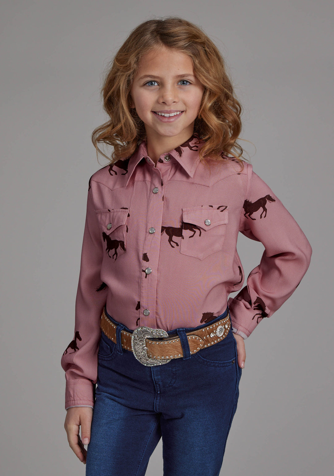 GIRLS WILD HORSES PRINTED RAYON LONG SLEEVE SNAP WESTERN SHIRT