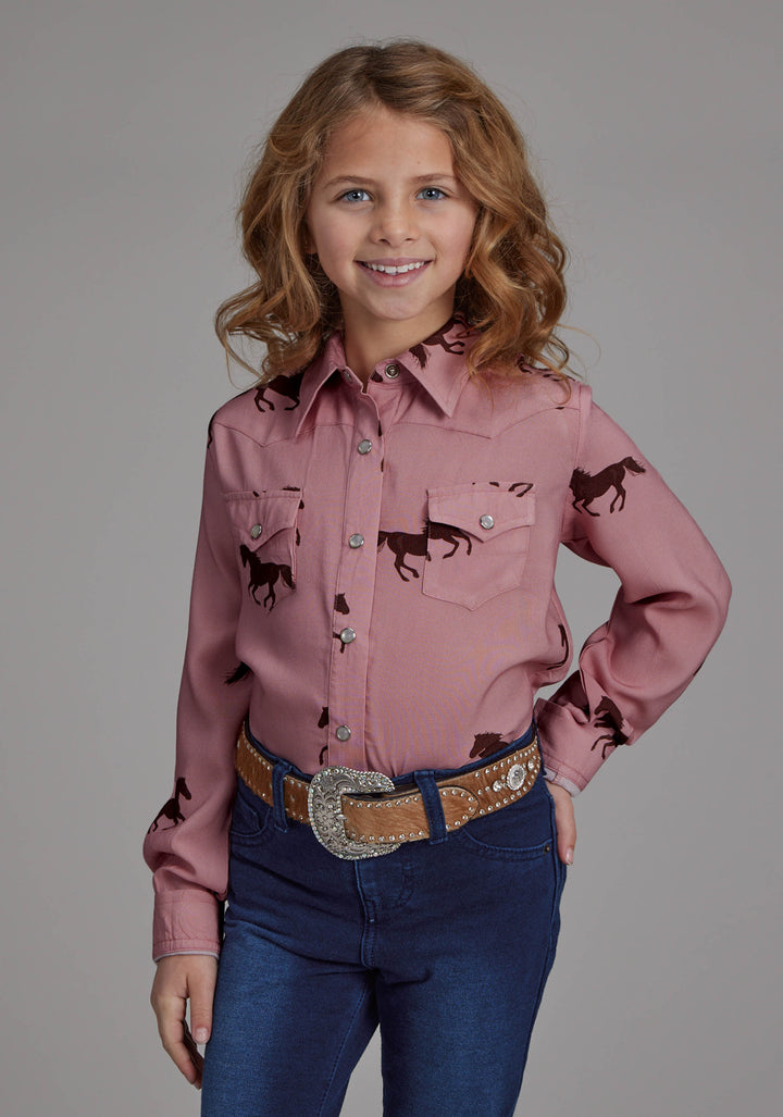 GIRLS WILD HORSES PRINTED RAYON LONG SLEEVE SNAP WESTERN SHIRT