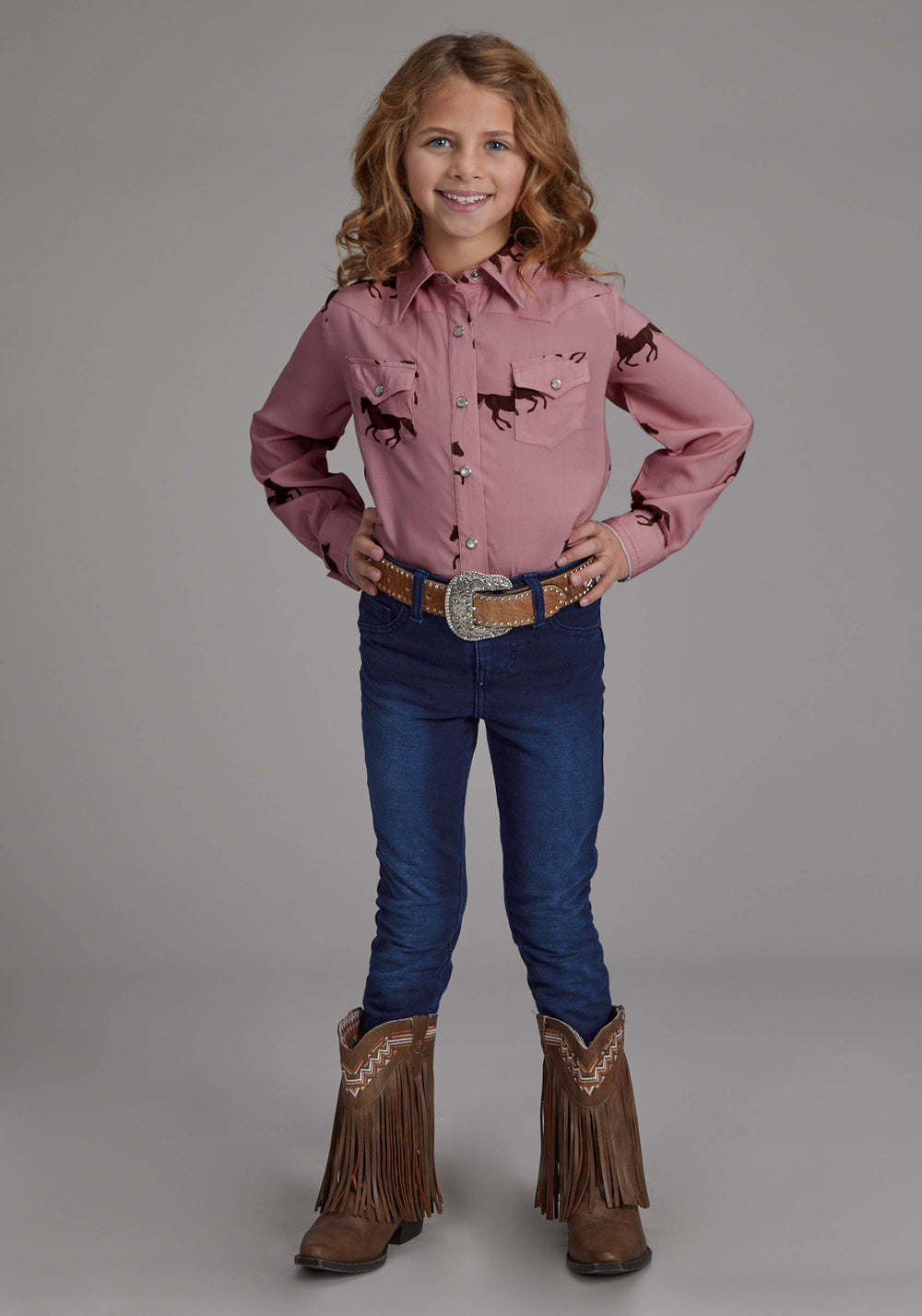 GIRLS WILD HORSES PRINTED RAYON LONG SLEEVE SNAP WESTERN SHIRT