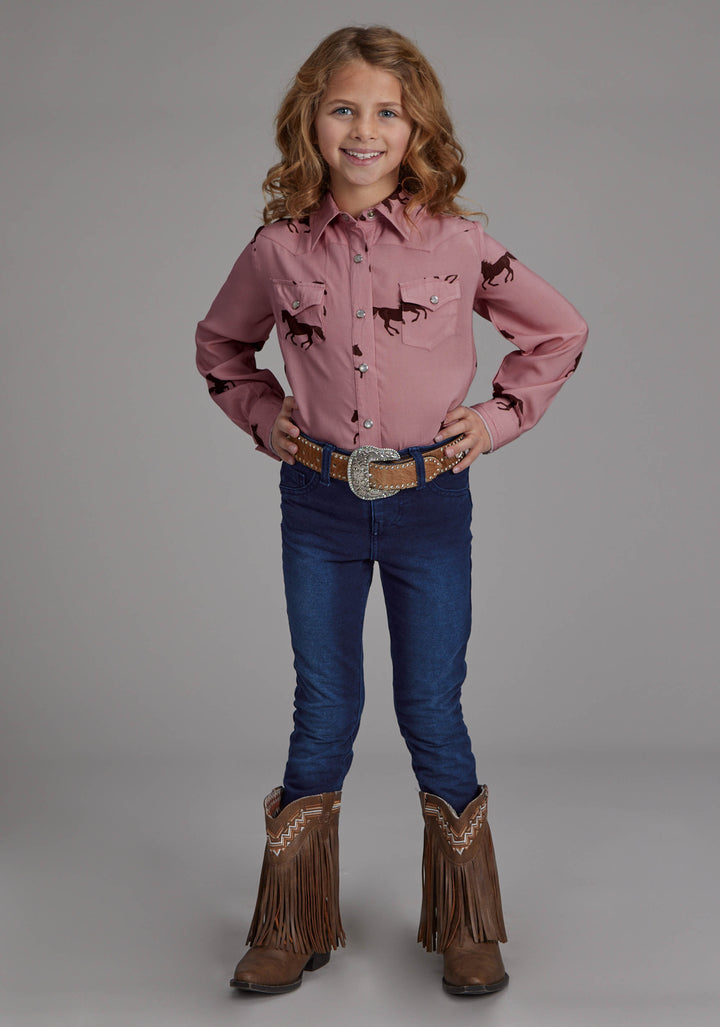 GIRLS WILD HORSES PRINTED RAYON LONG SLEEVE SNAP WESTERN SHIRT