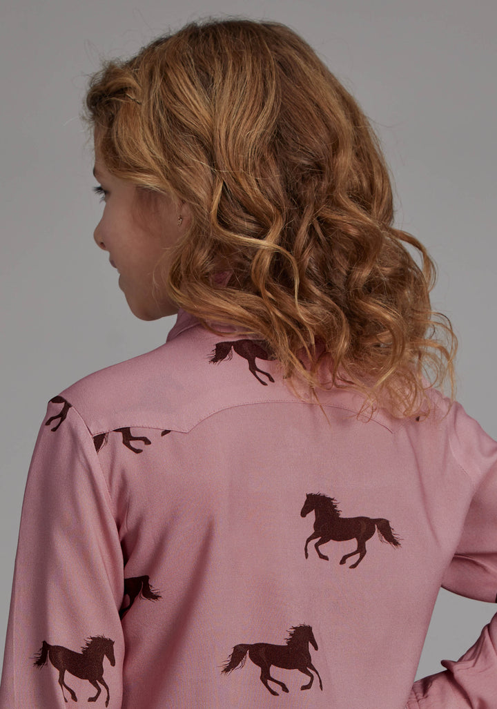 GIRLS WILD HORSES PRINTED RAYON LONG SLEEVE SNAP WESTERN SHIRT