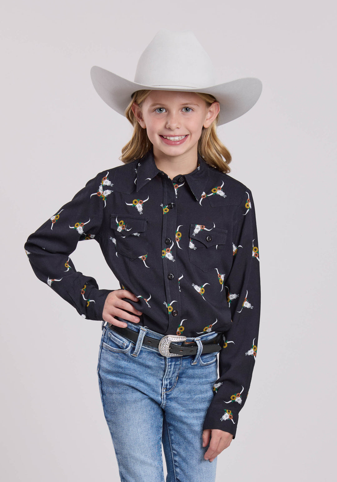GIRLS LONG SLEEVE BUTTON SKULL PRINT RAYON WESTERN BLOUSE WESTERN SHIRT