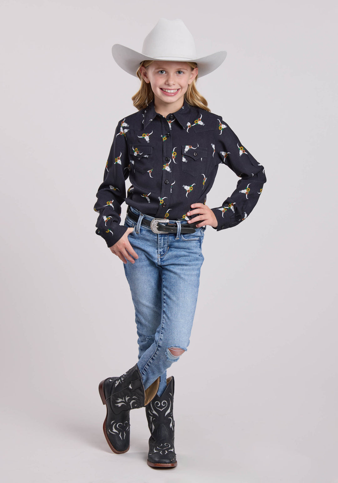 GIRLS LONG SLEEVE BUTTON SKULL PRINT RAYON WESTERN BLOUSE WESTERN SHIRT