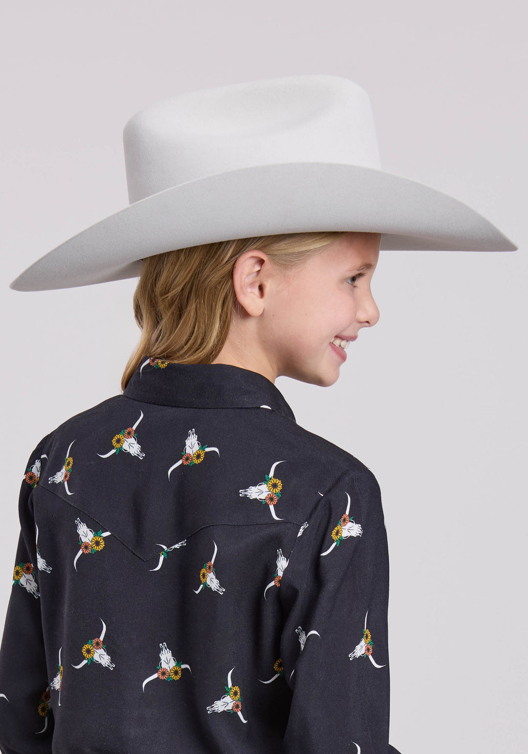 GIRLS LONG SLEEVE BUTTON SKULL PRINT RAYON WESTERN BLOUSE WESTERN SHIRT