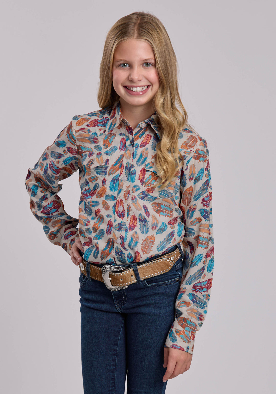 GIRLS ROPER FEATHERS PRINTED WESTERN BLOUSE