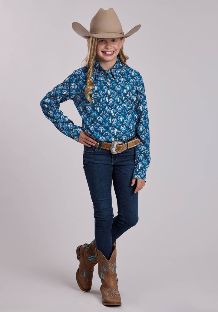 GIRLS ROPER HORSES AND FLOWERS PRINTED WESTERN BUTTON UP SHIRT