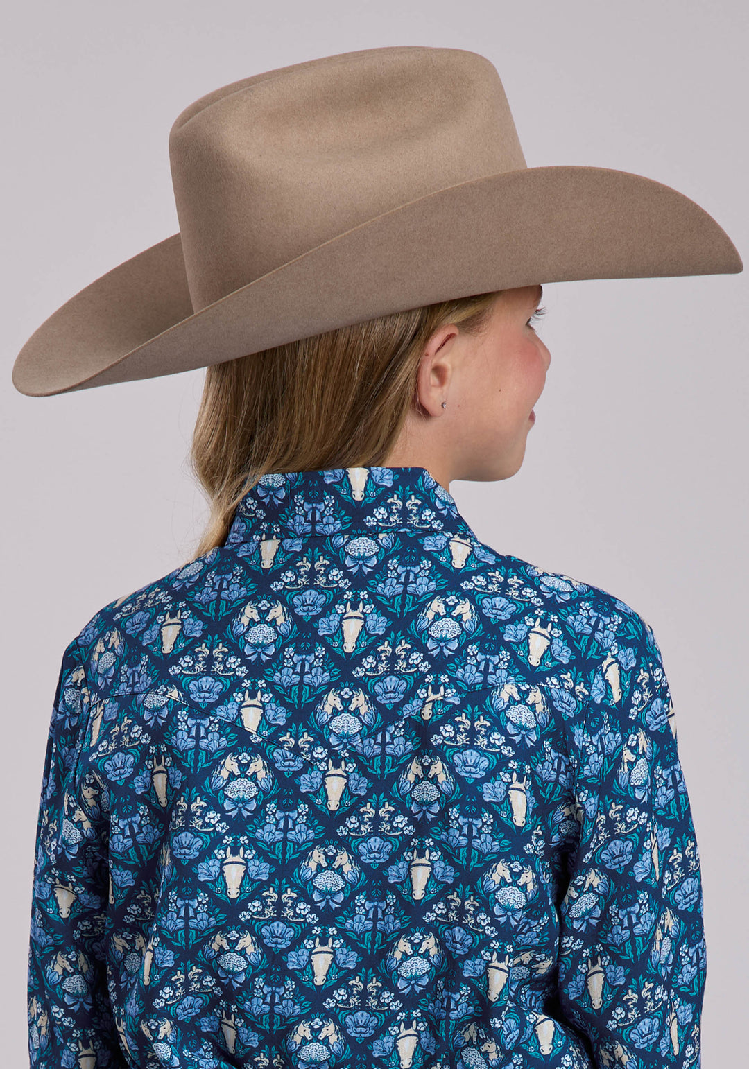 GIRLS ROPER HORSES AND FLOWERS PRINTED WESTERN BUTTON UP SHIRT