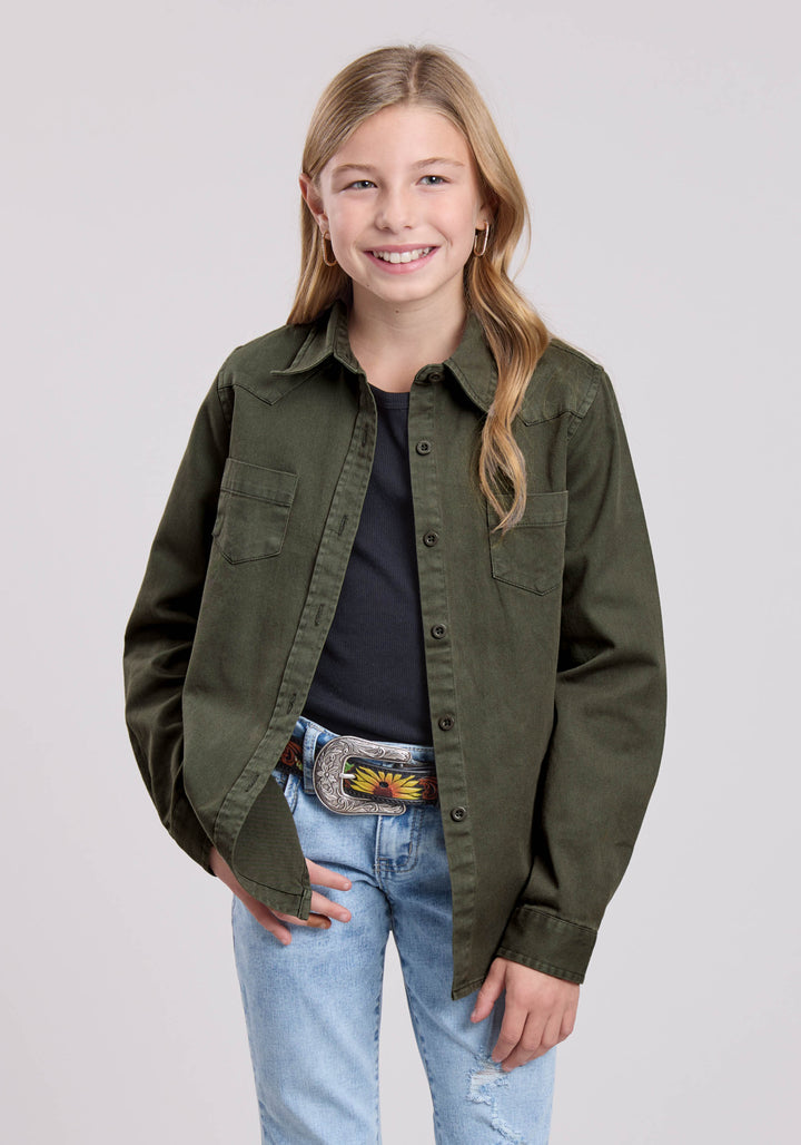 GIRLS LONG SLEEVE BUTTON PIGMENT DYED LS WESTERN BLOUSE WESTERN SHIRT