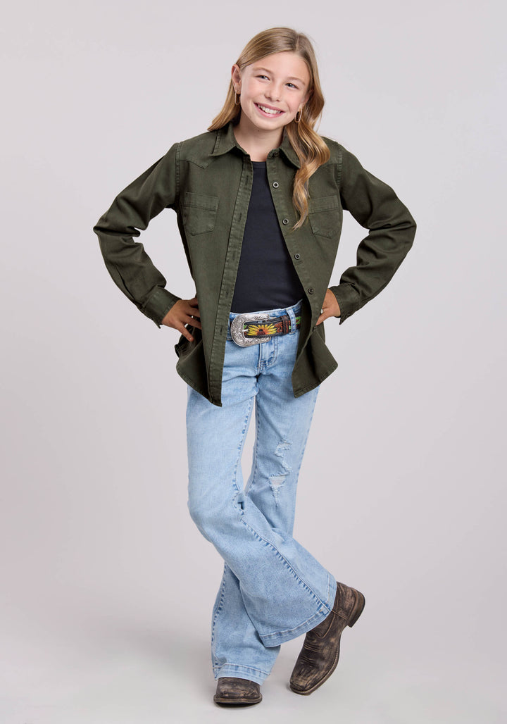 GIRLS LONG SLEEVE BUTTON PIGMENT DYED LS WESTERN BLOUSE WESTERN SHIRT