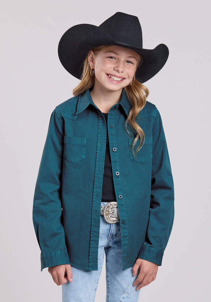 GIRLS LONG SLEEVE BUTTON TURQ PIGMENT DYED WSTRN BLOUSE WESTERN SHIRT
