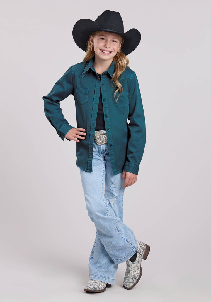GIRLS LONG SLEEVE BUTTON TURQ PIGMENT DYED WSTRN BLOUSE WESTERN SHIRT