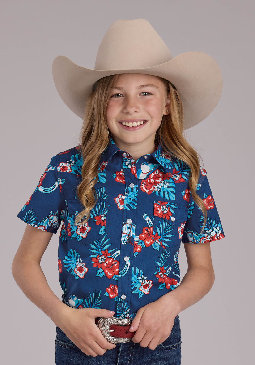 GIRLS HAWAIIAN PRINT SHORT SLEEVE SNAP WESTERN SHIRT
