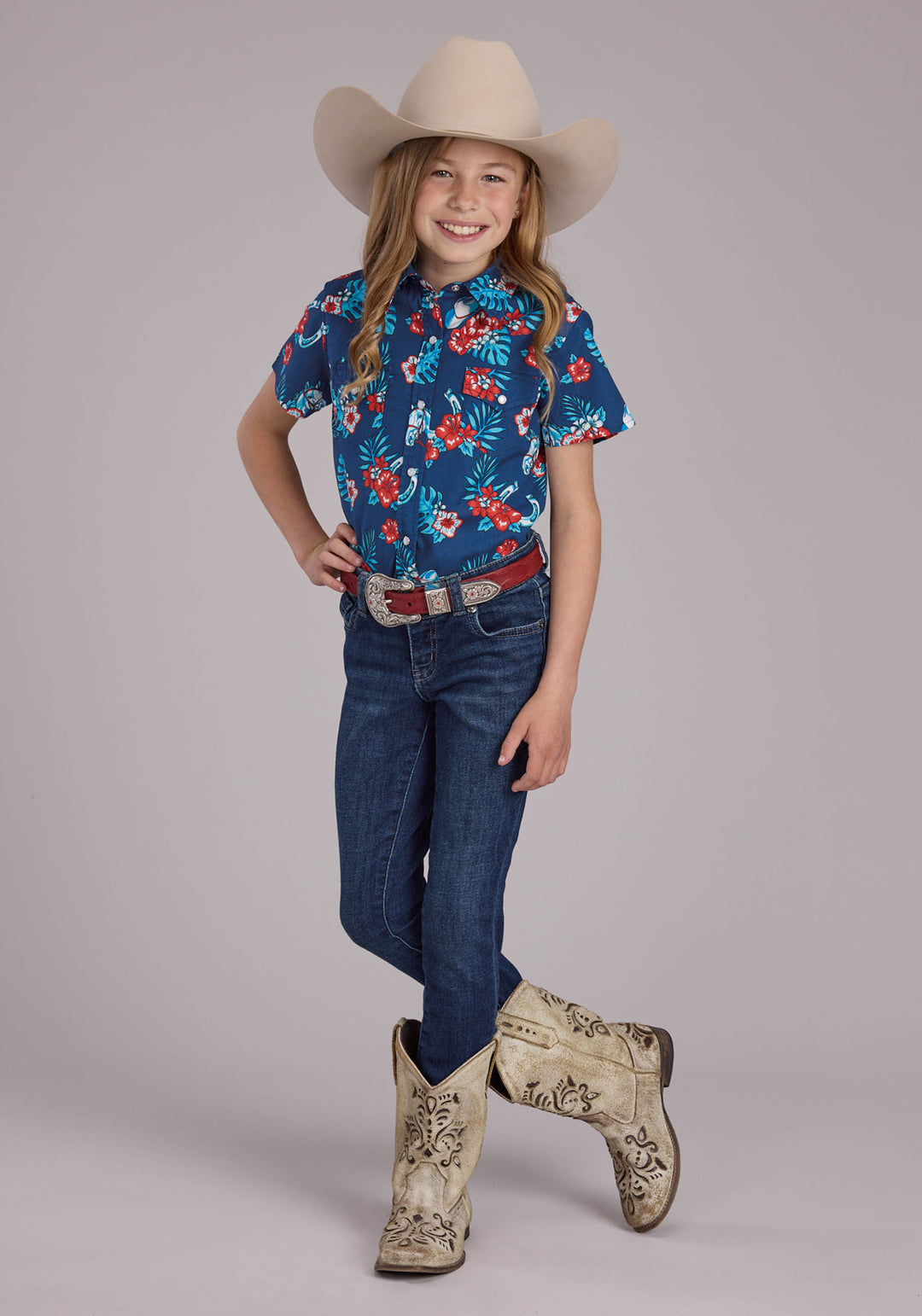 GIRLS HAWAIIAN PRINT SHORT SLEEVE SNAP WESTERN SHIRT