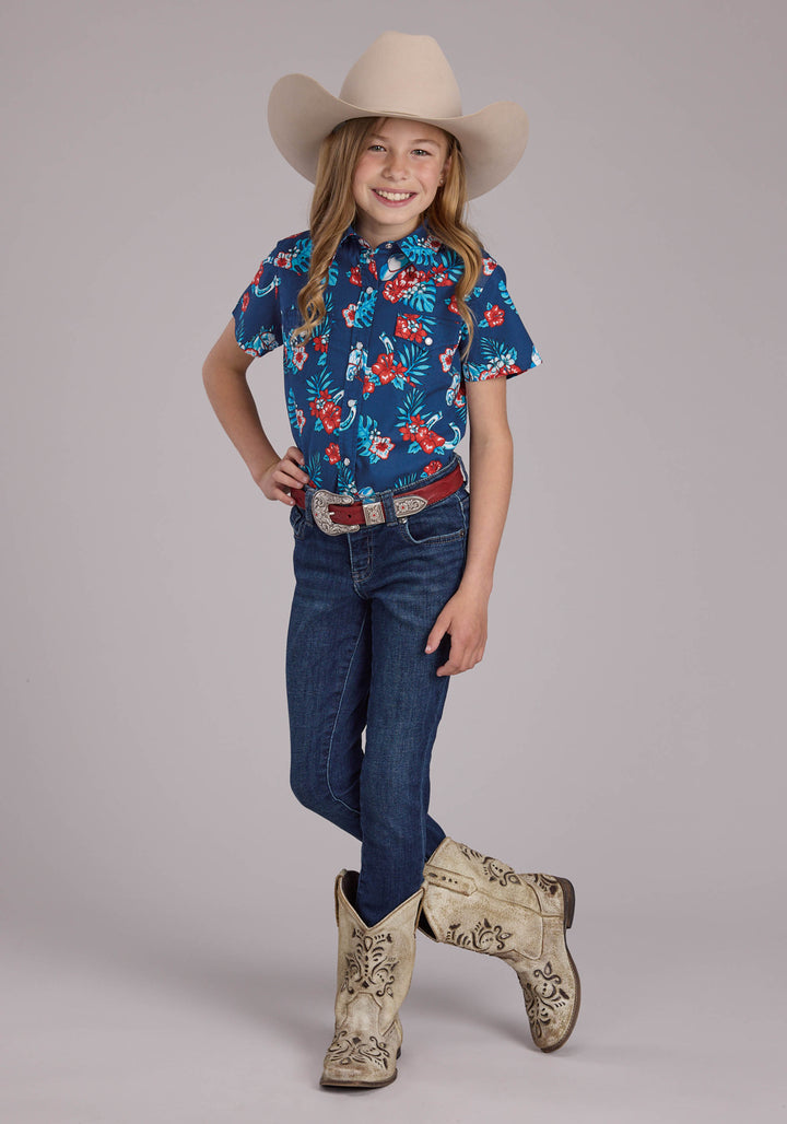 GIRLS HAWAIIAN PRINT SHORT SLEEVE SNAP WESTERN SHIRT