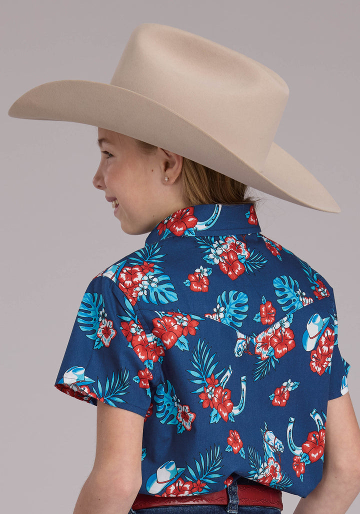 GIRLS HAWAIIAN PRINT SHORT SLEEVE SNAP WESTERN SHIRT