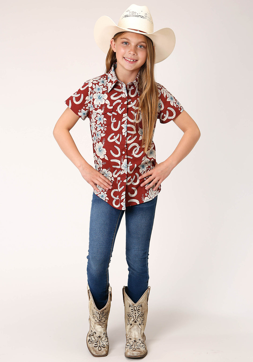 GIRLS SHORT SLEEVE SNAP HAWAIIAN HORSESHOES PRINT WESTERN SHIRT