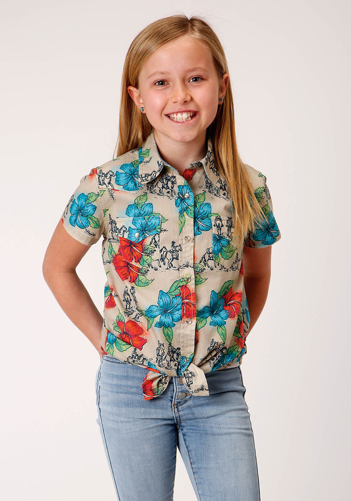 GIRLS SHORT SLEEVE SNAP TRAIL RIDE TROPICAL WESTERN SHIRT