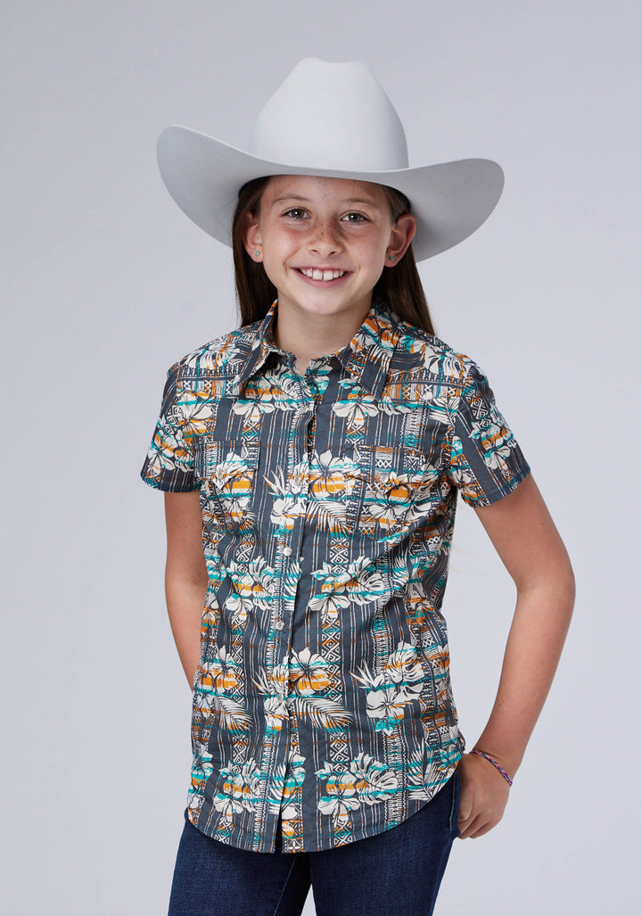 GIRLS SLEEVELESS SNAP DISTRESSED TROPICAL PRINT WESTERN SHIRT