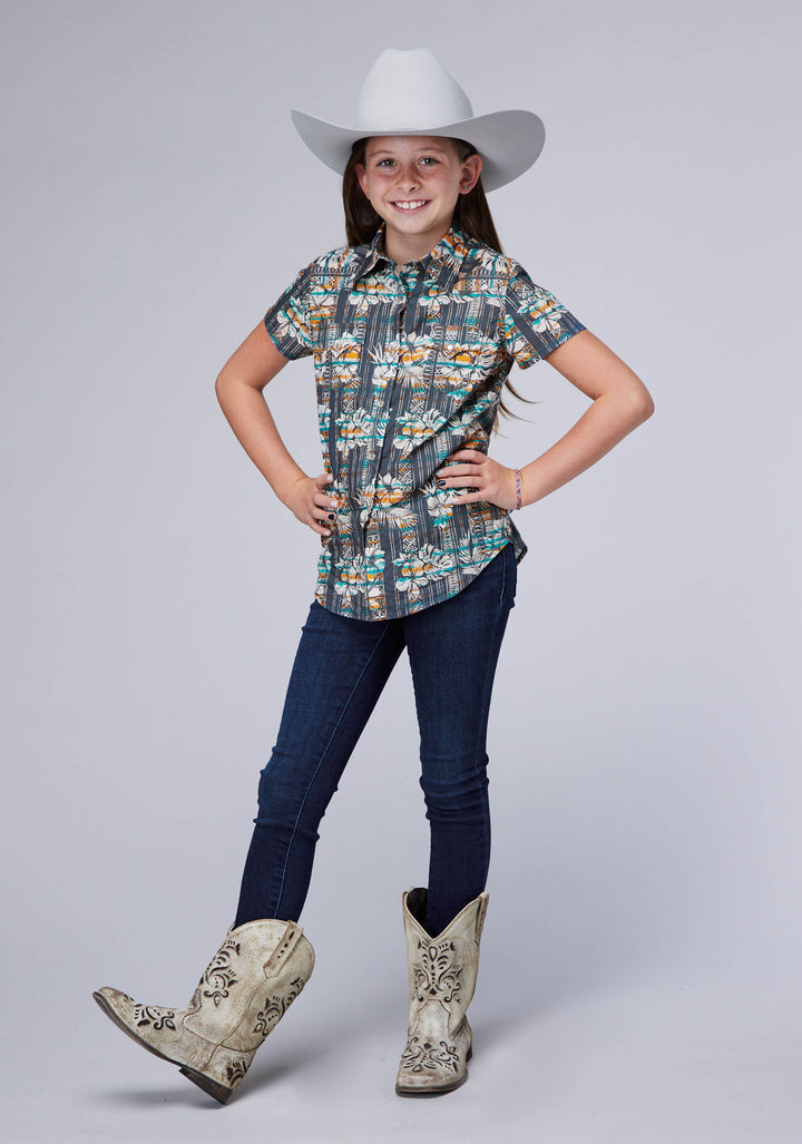 GIRLS SLEEVELESS SNAP DISTRESSED TROPICAL PRINT WESTERN SHIRT