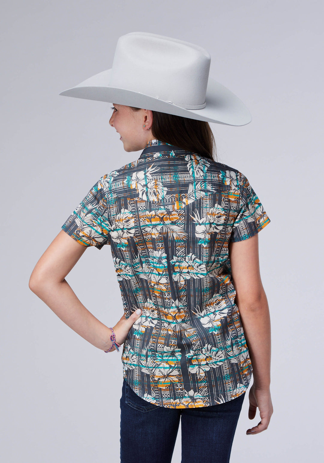 GIRLS SLEEVELESS SNAP DISTRESSED TROPICAL PRINT WESTERN SHIRT